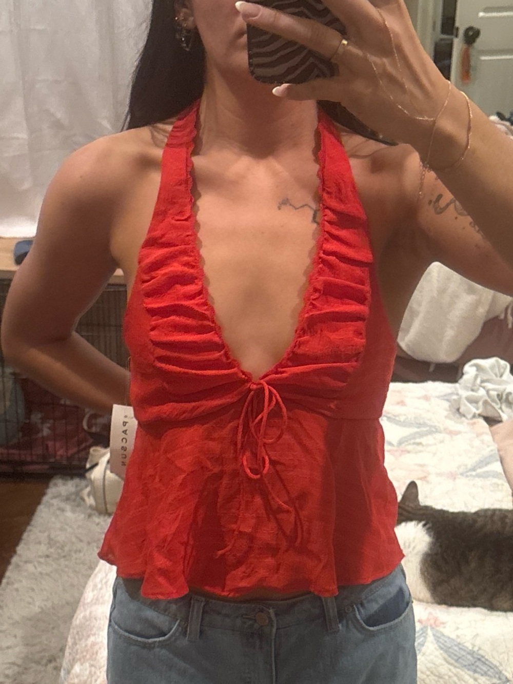 PacSun Red Halter Tie-Front Crop Top with Scalloped Edge